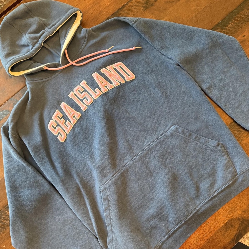 Sea Island Hoodie Womens Large Blue Fleece Pullover Chenille Graphic Beach